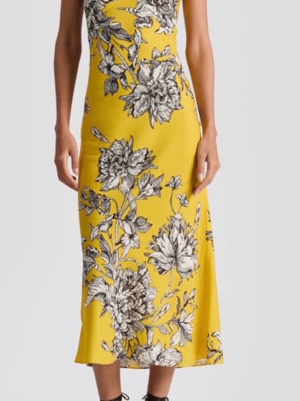 Alice + Olivia Kira Yellow Floral Midi Dress with Monochrome Blooms. NWT